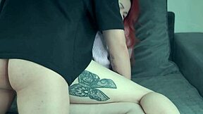 Caught redhead stepmom masturbating on couch then fucked doggystyle rough