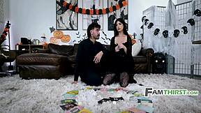Goth teen step sis gets bred through stockings under spirit's Halloween watch