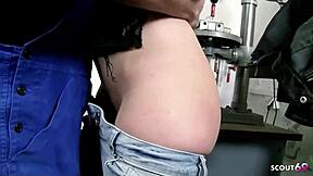 skinny teen in leather jacket with saggy natural tits tricks stepmom's friend for garage cheating fuck.