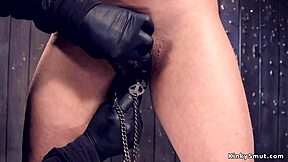 hot ass teen slave bound in device gets waxed roughly then fucked hard.