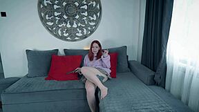 Caught redhead stepmom masturbating on couch then fucked doggystyle rough