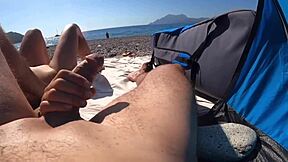 wife fingers my cock on street while collecting public cumshots