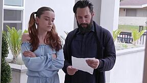 Bent over petite Lily Glee deepthroats stepdad for facial cum