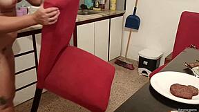Young Latina couple films kitchen creampie sex hiding from mommy in socks