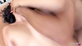 caught oriental teen with saggy tits masturbating now she fucks hard and swallows