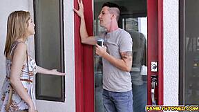 Sarah Bella Sucks and Licks Stepbros' Huge Cocks Before Doggy