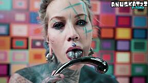 goth teen sucks toy like cock in pink corset then anal fingers ass