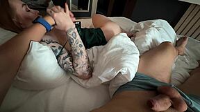 Step Mom Shocked! Step Son's Cumshot Facial Hits Her Face in Shared Hotel Bed