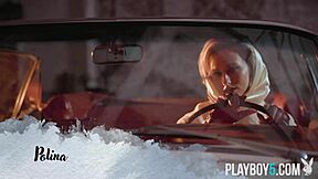 Petite blonde milf polina rips clothes for car top ass shaking striptease!