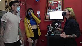 Mei pang and john lemon's cock piercing threesome ends in sloppy cum facials and riding