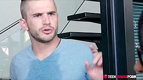 emori rubs him then squeezes his dick tight between her perky tits