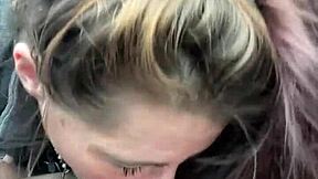 that hooker milf slurps every drop of cum from his dick right after deepthroating in the car