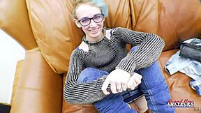 blue haired nerd raven toys her shaved pussy then swallows big cock cum 🤓💦