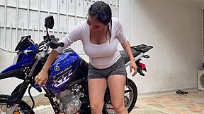 pregnant petite washes bike outdoors then rides cock cowgirl with pussy licking