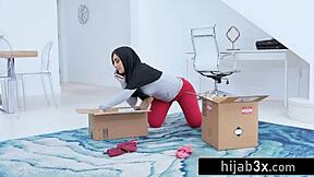 Stepsister's boyfriend punishes hijab brat with rough doggystyle in garage.