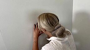 blonde slut deepthroats random cock in gloryhole then fucks doggystyle