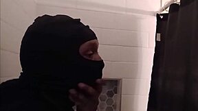 Curvy ebony lady seduces caught burglar, worships his big black cock with oiled ass shaking