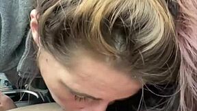 that hooker milf slurps every drop of cum from his dick right after deepthroating in the car