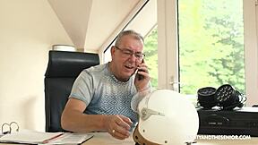 old boss corners horny teen secretary at desk for deepthroat blowjob