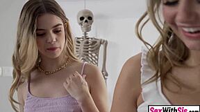 stepsisters halloween threesome bash with stepbro and bestie