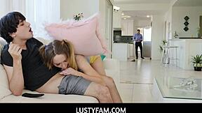 stepsiblings get naughty in the living room behind stepdad lustyfam