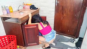Housewife seduces plumber with short skirt no panties in bathroom