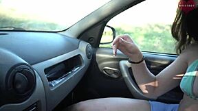 Chubby teen slave bends over big cock on highway then rides it in forest