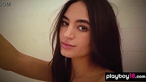 skinny latina sarah mollica flashes small tits before steamy shower tease