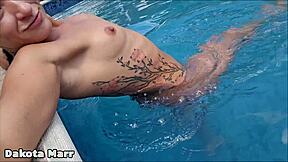 Skinny Dakota Marr masturbates nude poolside public flashing