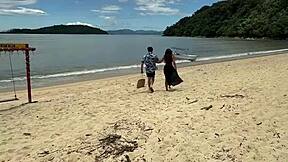 threesome beach fuck brazilian babe bikini off huge cock creampie