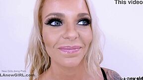 Blonde teen model swallows cum after sofa fuck at fake casting interview