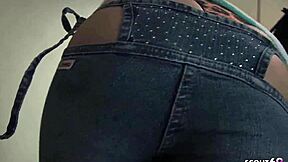 Japanese Hottie in Crotchless Jeans Sucks Balls and Swallows Before Squirting Orgasm