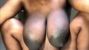 Pregnant Ebony Babe in Lingerie Rides Huge Dildo with Massive Tits Bouncing Wildly