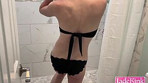 he pees all over his slutty girlfriend in the bathroom then forces her to lick it up