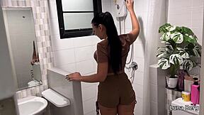 stepsis bent over in shower taking creampie while roommate watches?