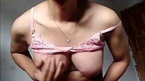 Shemale mitha waria strokes cock in pink bra stockings till cum