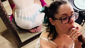 in the dorm, cute glasses brunette gf lets roommate use her throat rough with gagging deepthroat and spitting
