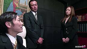 Japanese secretary tempts bosses into double creampie mmf office 3some.