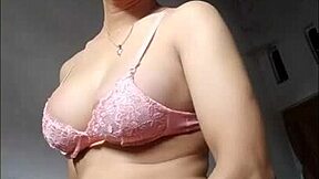 Shemale mitha waria strokes cock in pink bra stockings till cum