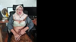 hijab ladyboy strokes her cock till she cums hard solo