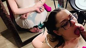 in the dorm, cute glasses brunette gf lets roommate use her throat rough with gagging deepthroat and spitting