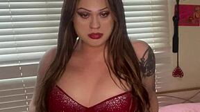 big titty tranny in lingerie commands you to stroke cock solo. tattooed crossdresser teases hard