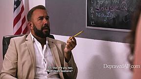 Teacher threesome bends lesbian couple doggystyle classroom?