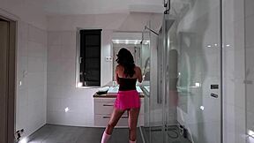sexy milf strips bra off in bathroom flashes wet pussy ass