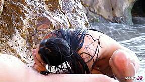 tall skinny stepdaughter seduces old man for beach outdoor fuck begs cum in mouth