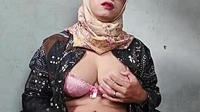 Asian Hijab Ladyboy Strokes Her Hard Cock Solo