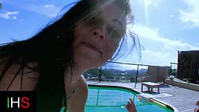 wanna see her shaved pussy squirt after poolside anal cumshot fuck?