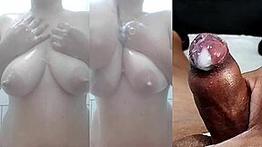 Girlfriend's Juicy Tits and Cunt Jerk My Small Foreskin Cock to Explosive Cum