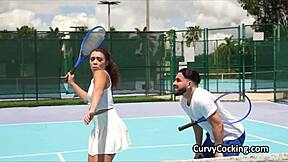 curly petite ebony teen deepthroats big black cock after sport practice