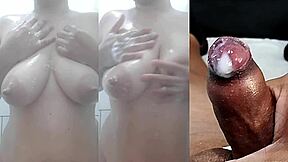 Girlfriend's Juicy Tits and Cunt Jerk My Small Foreskin Cock to Explosive Cum